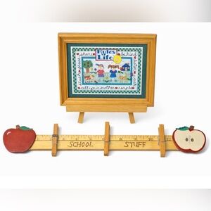 Vintage Teacher Classroom Decor Lot - "Rules of Life" Framed Art & Ruler Clip